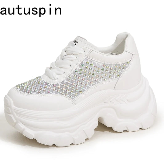 AUTUSPIN Women Summer Thick Soled Shoes Fashion Shiny Rhinestones Sneakers Outdoor Leisure Platform Wedges Crystal Shoes Woman