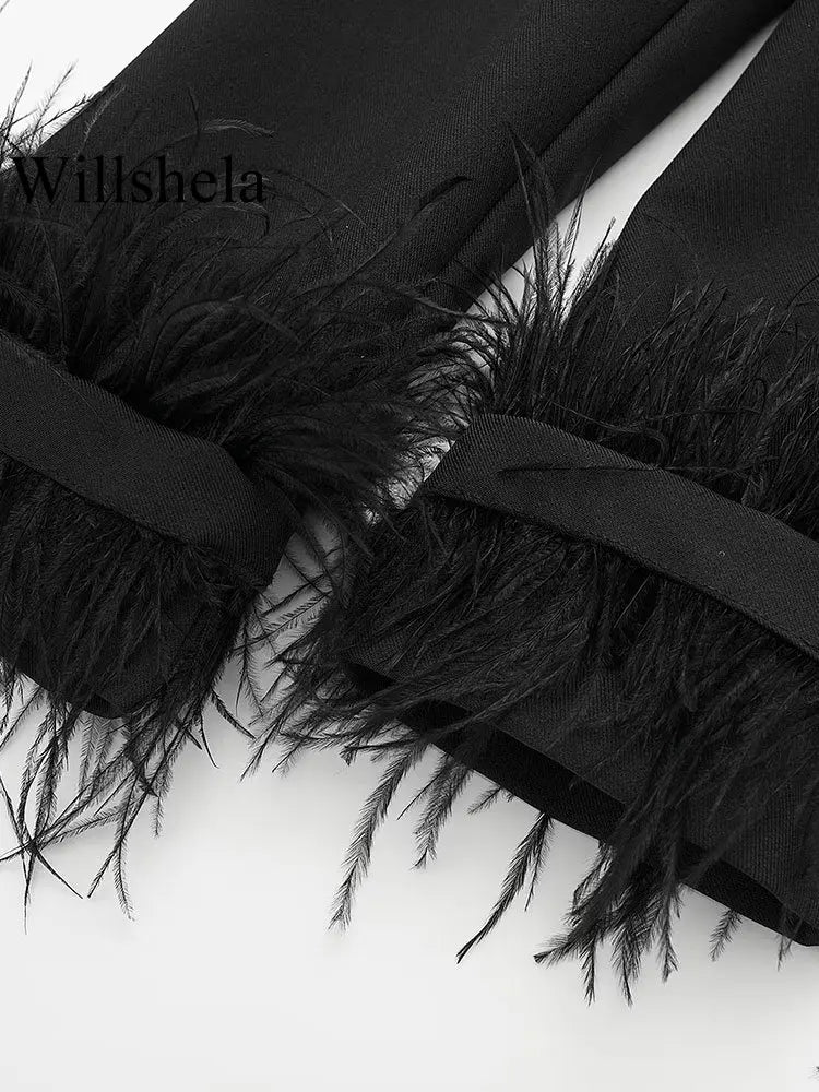 Willshela Women Fashion Satin Black With Feather Blazer Jacket Vintage