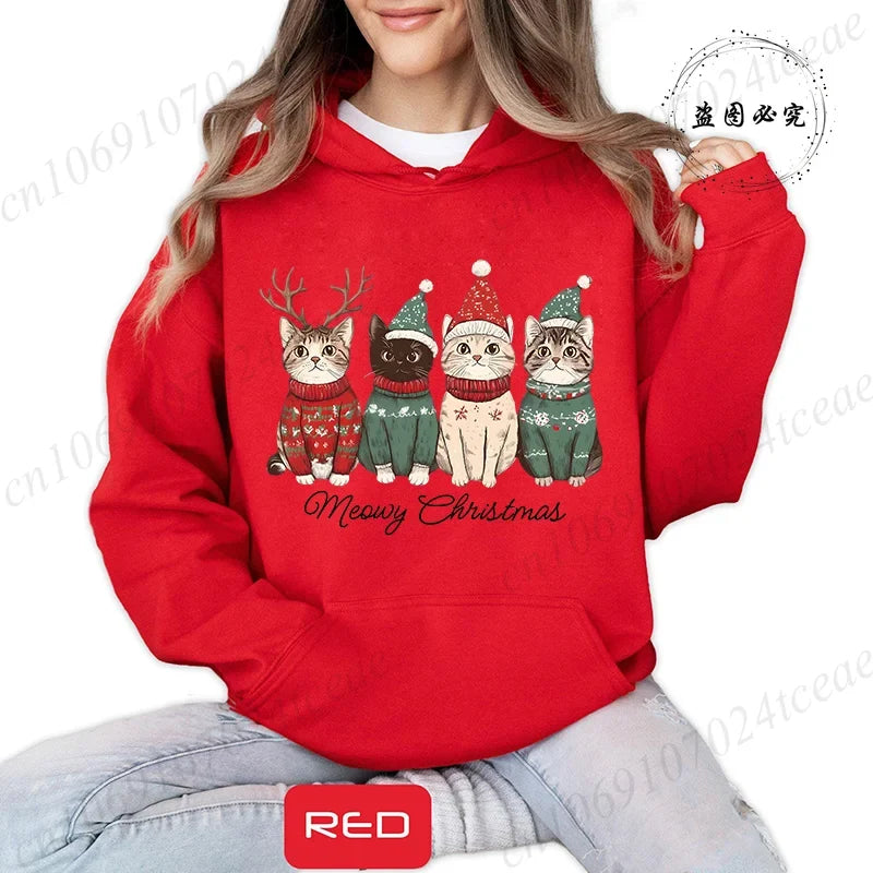 Meowy Christmas Cat Print Women Fashion Hoodies Girl Clothing Funny Merry Christmas Sweatshirts Tops Female Casual Tops Clothing