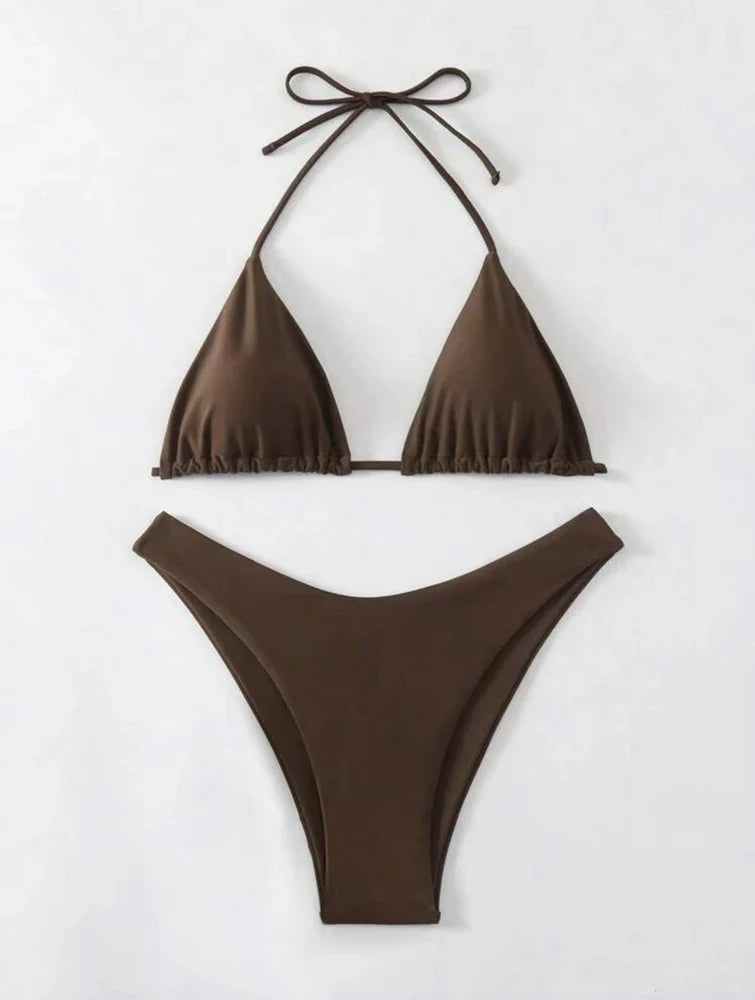 Women Red/Black/White/Coffee Bikini Padded Sexy Halter Bikini Two-Piece Set With Drawstring Straps Brazilian Bathing Suit 2025