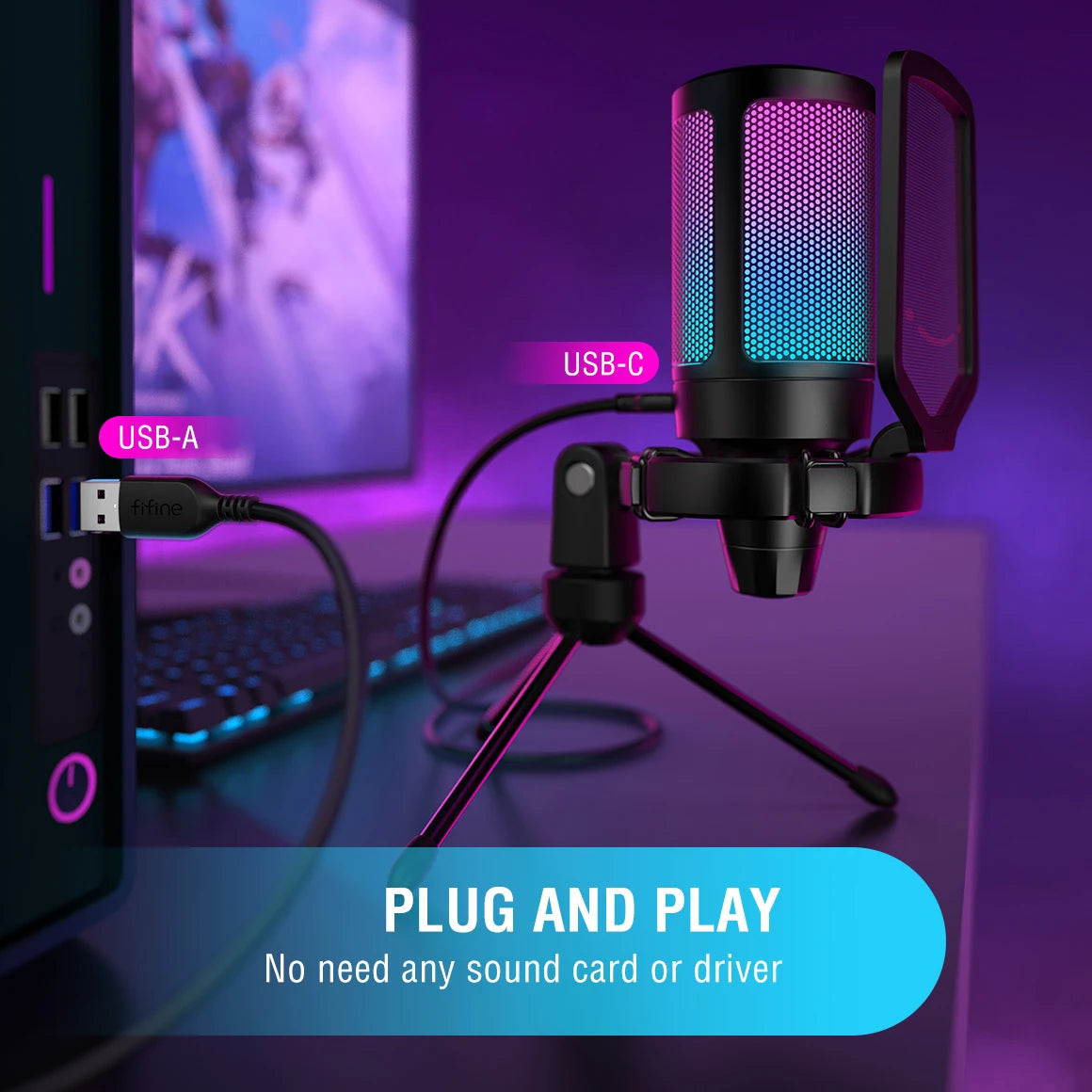 FIFINE USB Condenser Gaming Microphone, for PC PS4 PS5 MAC with Pop