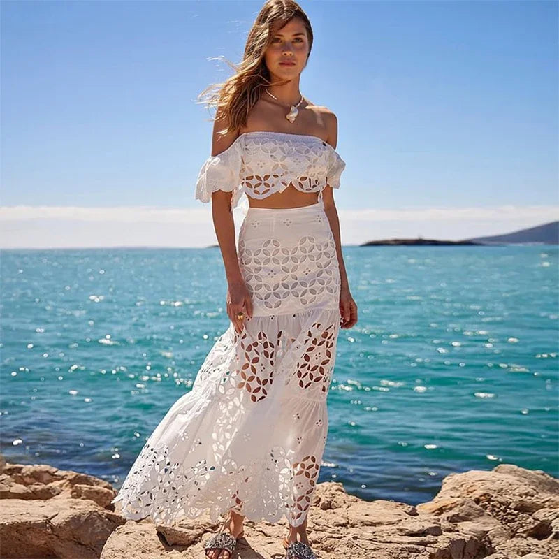 Flaxmaker Women Sexy Strapless Hollowed Bikini Swimsuit Solid Sleeveless Vest Straight Skirt Suit Female Summer Chic Casual Sets
