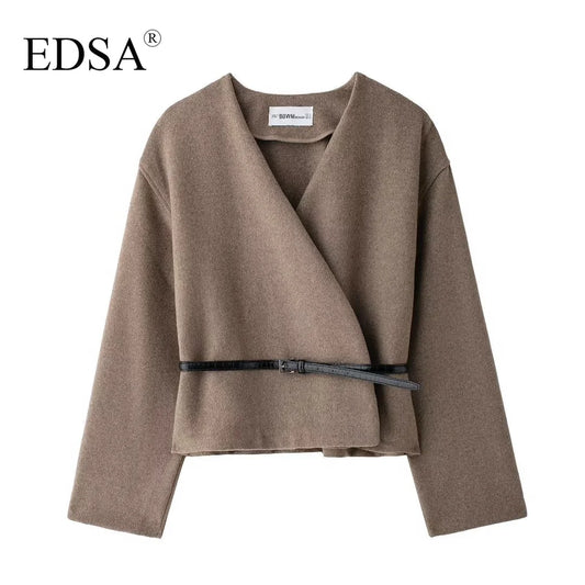 EDSA Women Soft Belted Jacket Wrap V-neck Long Sleeves New Elegant Lady Commute Outwear for Female