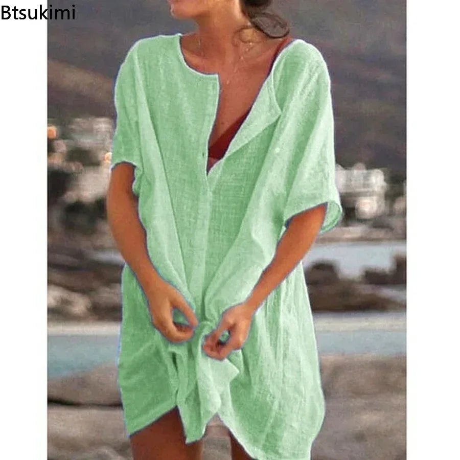 2024 Women's Cotton Linen Beach Dress Solid Summer Casual Cover-ups