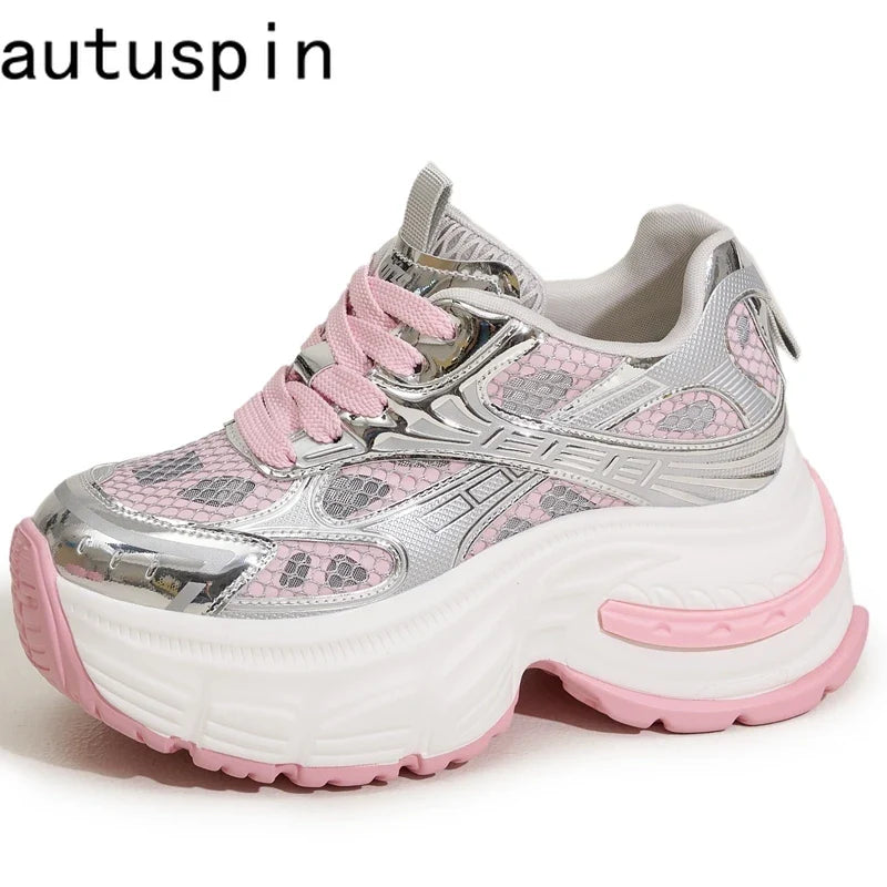 AUTUSPIN 9cm Women Sneakers High Chunky Wedges Shoes Summer Breathable Comfy Platform Ladies Thick Soled Leisure Footwear Woman