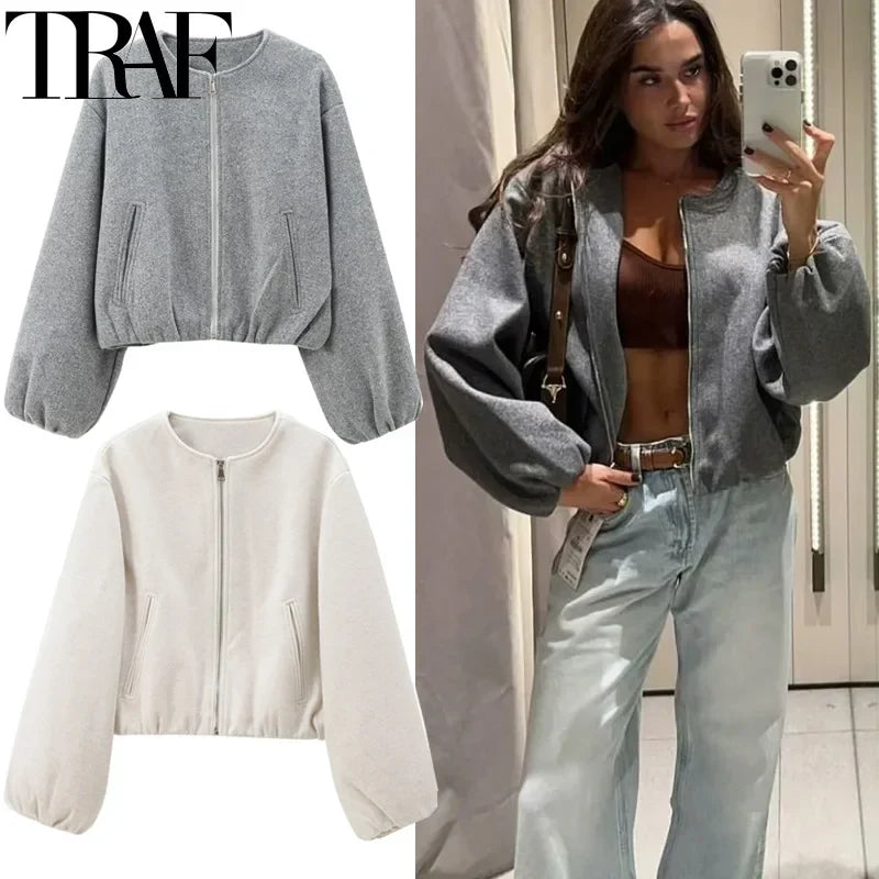 TRAF Outerwears Cropped Bomber Jacket Women Autumn Long Sleeve Faux