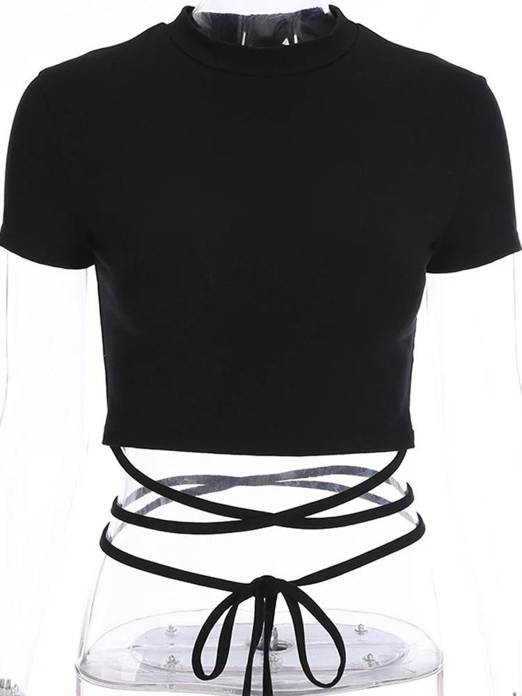 2022 Summer Women Black Short T-Shirts Sexy Crop Tops Short Sleeve