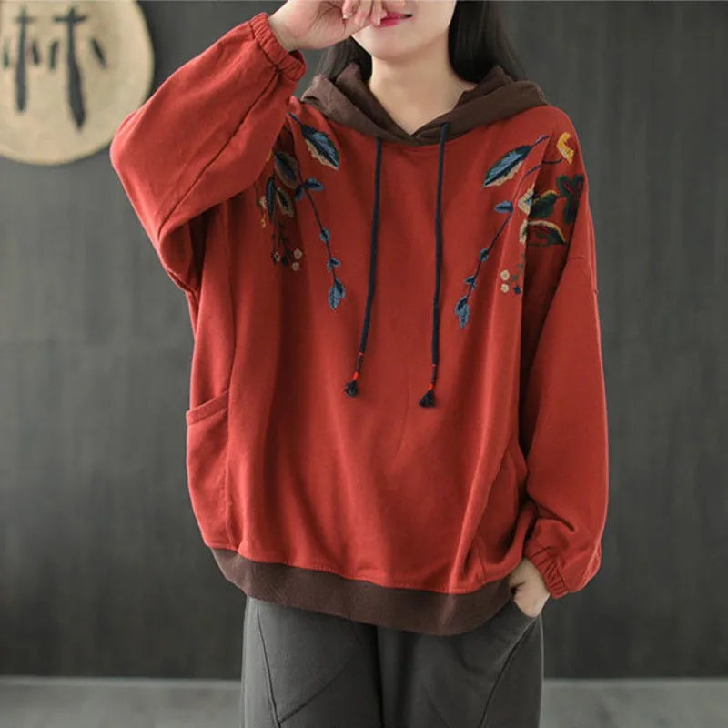 Brown Hoodies Embroidered Female Clothes Hooded Red Sweatshirts for Women Loose Green Baggy Tops Aesthetic Thick Goth Trend Emo