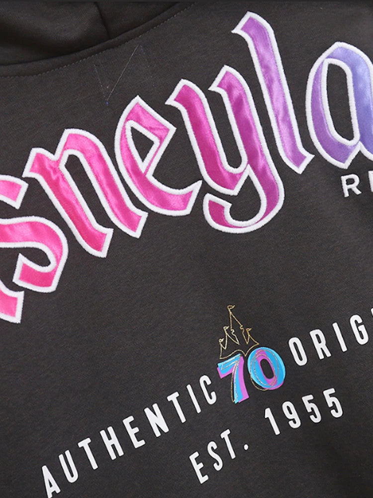 Disneyland 70th Anniversary Castle Mickey Mouse Cartoon Print Embroidery Fleece Sweatshirt Women Hooded Zipper VELOUR Jumper Top