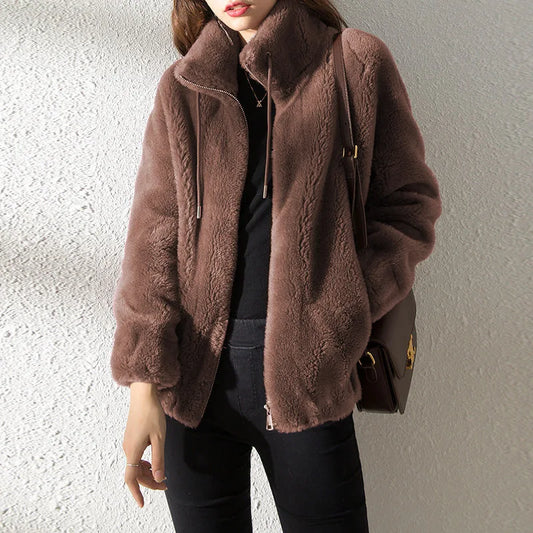 Women Winter Double Coral Fleece Warm Coat Stand Collar Plush Thick