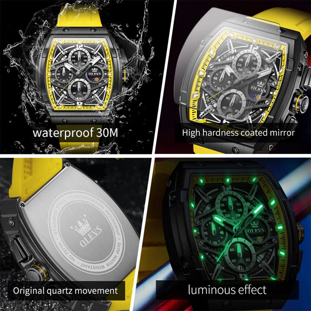 OLEVS 2975 Men's Watches Hollowed Quartz Wristwatch Silicone Strap Tonneau Large Dial Design Waterproof Luminous Watch for Men