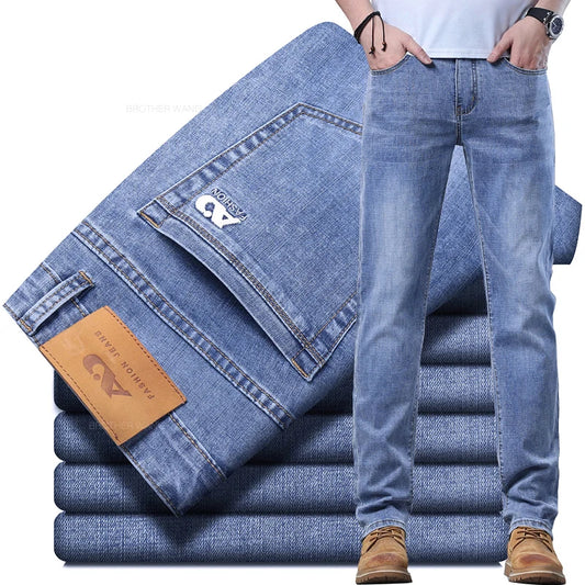 Spring Men's Light Blue Slim Jeans Stylish Casual Stretch Fabric Denim