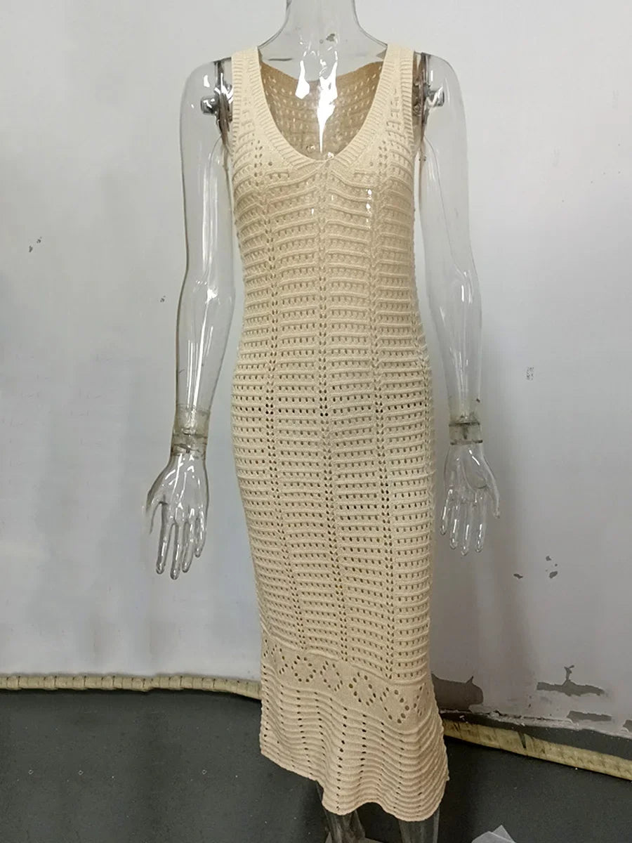 S - XL 2025 V Neck Hollow Out Crochet Knitted Tunic Beach Cover Up