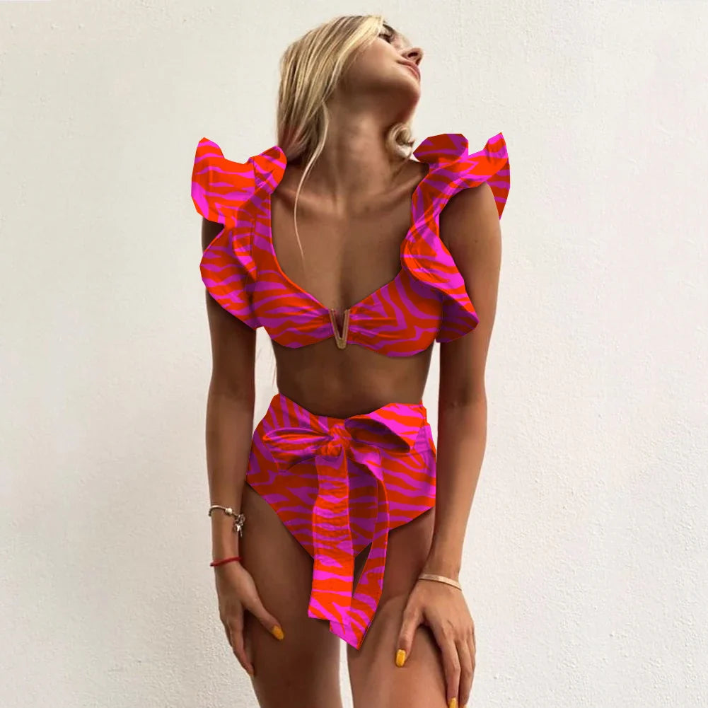 Two-Pieces Women Floral 2025 Push-Up Padded Bra Ruffles Bandage Bikini Set Swimsuit Swimwear Bathing Suit Beachwear Biquini