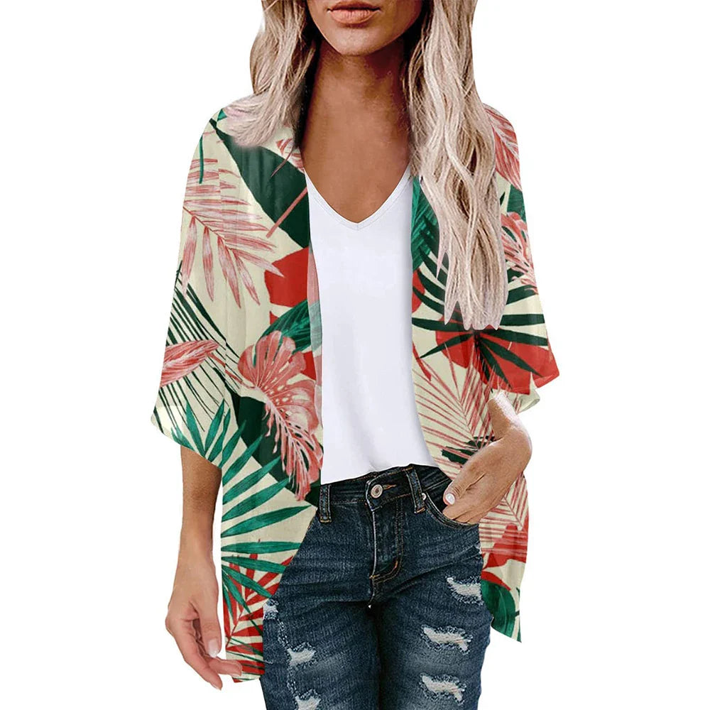 New Women Chiffon Blouse Kimono Tops Cardigan Leaves Print Beach Blouse Shawl Loose Hawaiian Outwear Swim Cover Up  Beach Wear