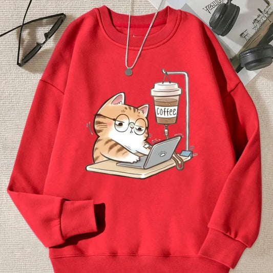 Workings Cat Computer Printing Hoodie Women Comfortable Loose Pullover Casual Soft Sweatshirt Winter Fleece Warm Woman Clothes
