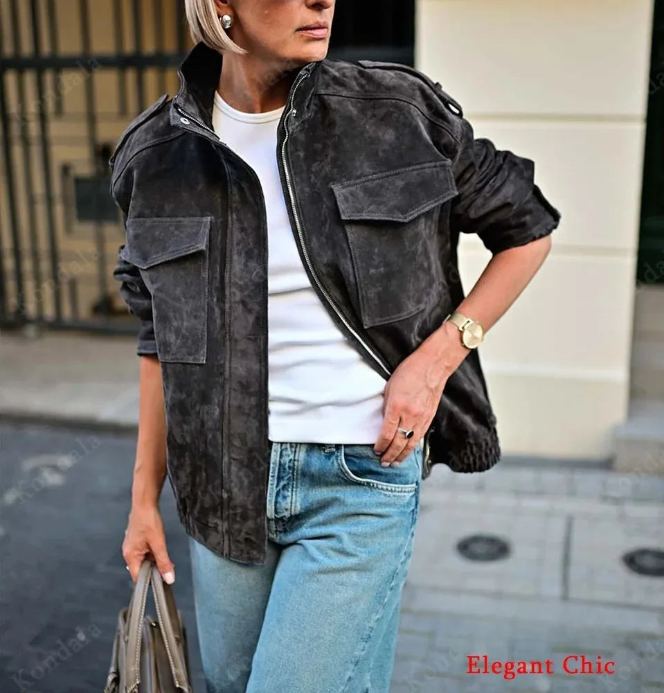 KONDALA Autumn Women Elegant Suede Jacket Stand-up Collar Grey Zipper Loose Jacket 2025 Fall Winter Streetwear Lady Jacket