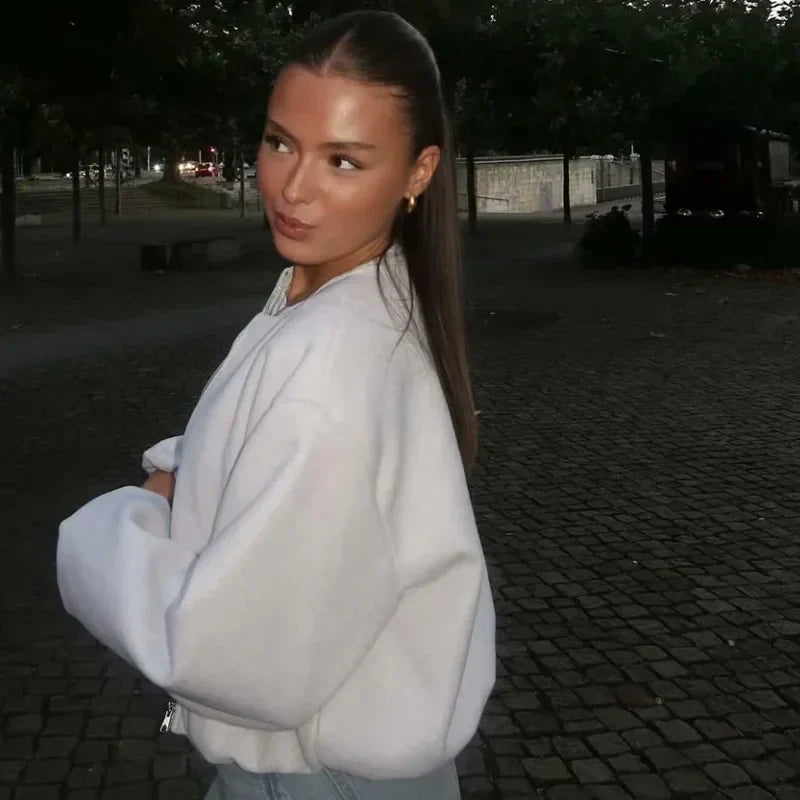 TRAF Outerwears Cropped Bomber Jacket Women Autumn Long Sleeve Faux