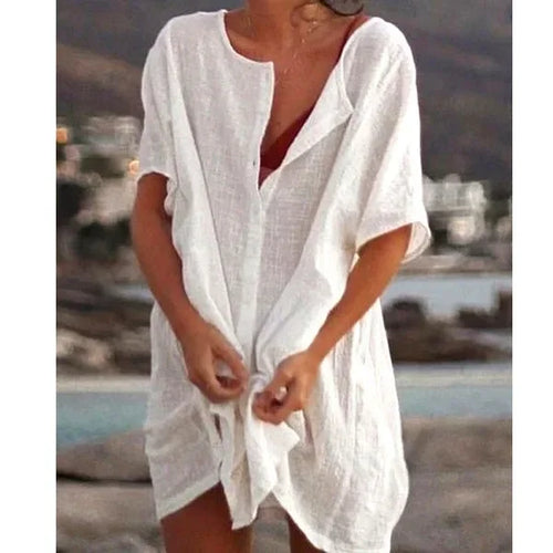 2024 Women's Cotton Linen Beach Dress Solid Summer Casual Cover-ups