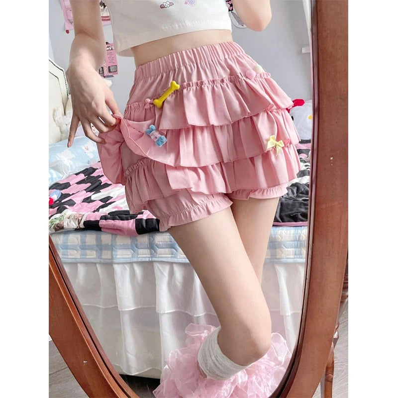 MEXZT Y2K Sweet Ruffles Mini Skirt Women Kawaii Lolita Bow A Line