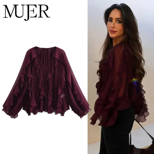 MUJER Ruffle Womens Blouses Semi Sheer Casual Blouses Woman Spring