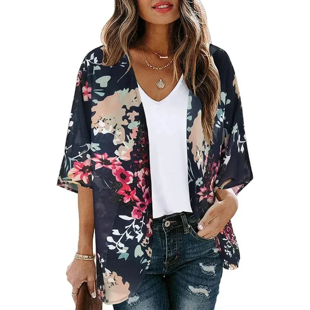 Women'S Swimwear 2023 Cardigans For Women Clearance Fashion Womens Middle Short Sleeve Print Chiffon Cardigan Beach Loose Tops