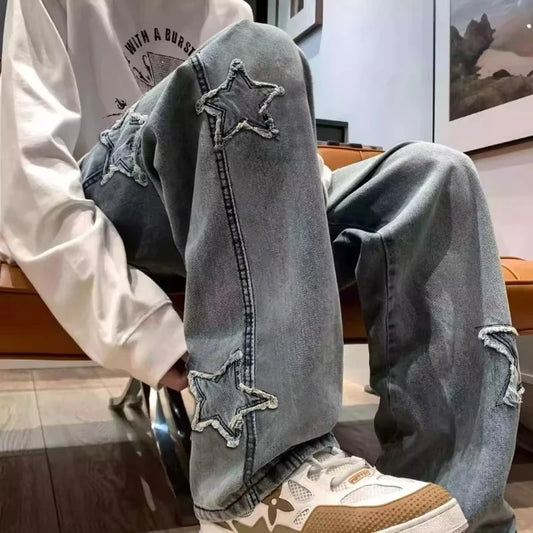 Stars Patchwork Men Jeans New Fashion Y2K Tassel Pants Korea Clothes