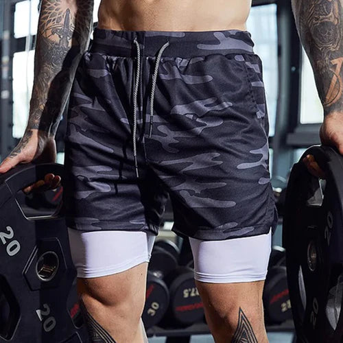 Men Sport Shorts  Sportswear Double-deck Running Shorts 2 In 1 Beach