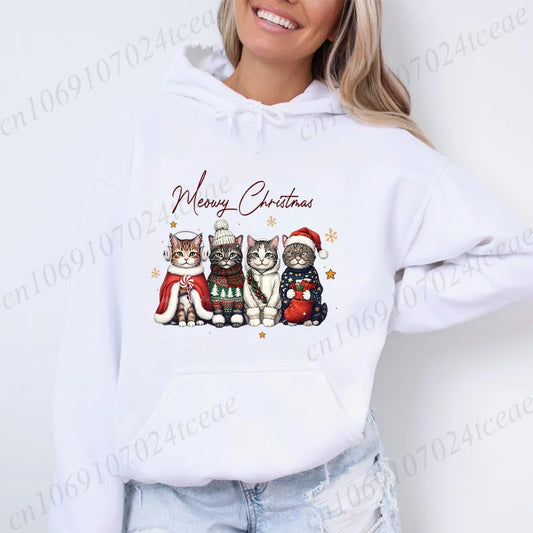Meowy Christmas Cat Print Women Fashion Hoodies Girl Clothing Funny Merry Christmas Sweatshirts Tops Female Casual Tops Clothing