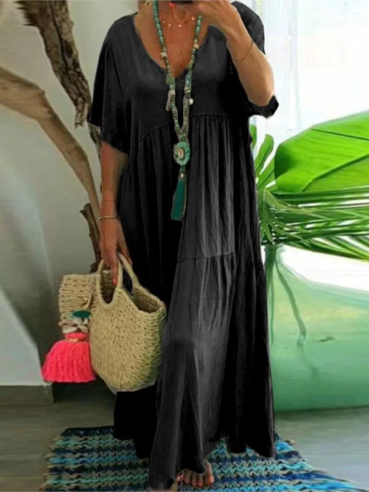 Loose Casual Dresses Women Summer V- Neck Short Sleeve Vestidos Solid