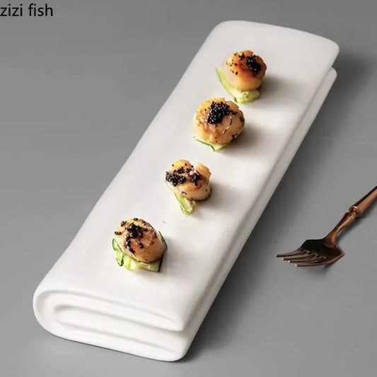 Solid Color Ceramic Folding Long Plate Restaurant Sushi Plate Dessert