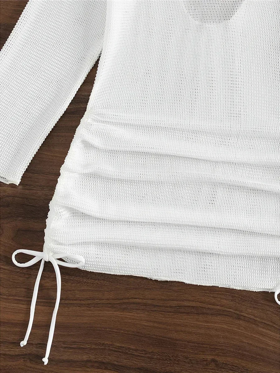 S - XL Long Sleeve Backless Crochet Knitted Tunic Beach Cover Up Women
