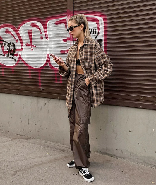 Spring Autumn Vintage Plaid Checkered Shirt Women's Long Sleeve Blouse