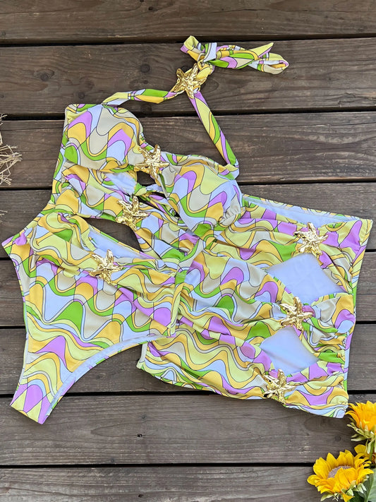 Sexy Starfish Bikini Set With Skirt Women Two-Pieces Swimsuit 2025 New High Fork Skirt Set Biquini Swimwear For Girl Clothing