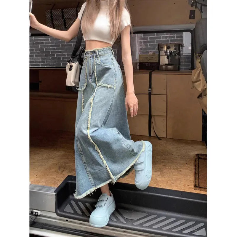 Women's Tassel Denim Long Skirts, Vintage Pocket, A-line Jeans Skirt,