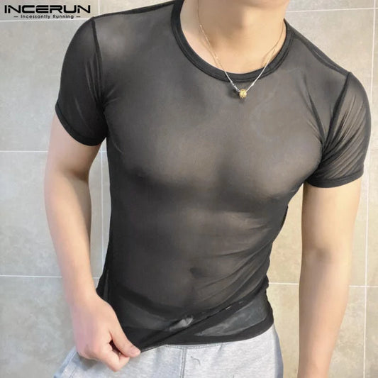2024 Men T Shirts Mesh Transparent O-neck Short Sleeve Streetwear Men