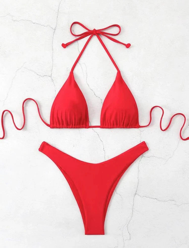 Women Red/Black/White/Coffee Bikini Padded Sexy Halter Bikini Two-Piece Set With Drawstring Straps Brazilian Bathing Suit 2025