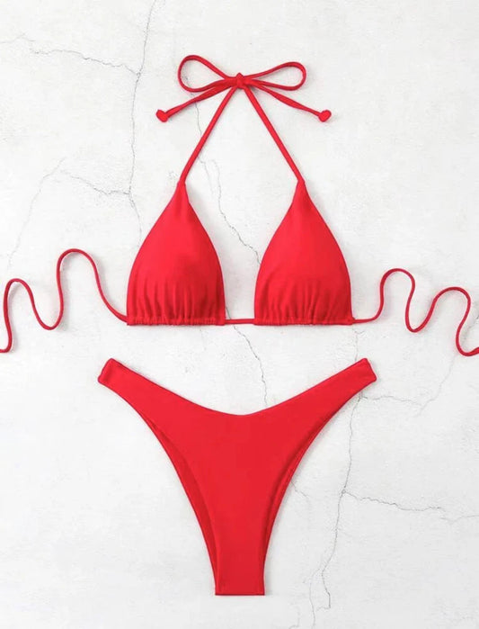 Women Red/Black/White/Coffee Bikini Padded Sexy Halter Bikini Two-Piece Set With Drawstring Straps Brazilian Bathing Suit 2025