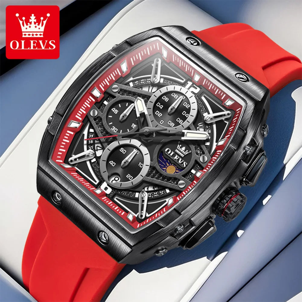 OLEVS 2975 Men's Watches Hollowed Quartz Wristwatch Silicone Strap Tonneau Large Dial Design Waterproof Luminous Watch for Men