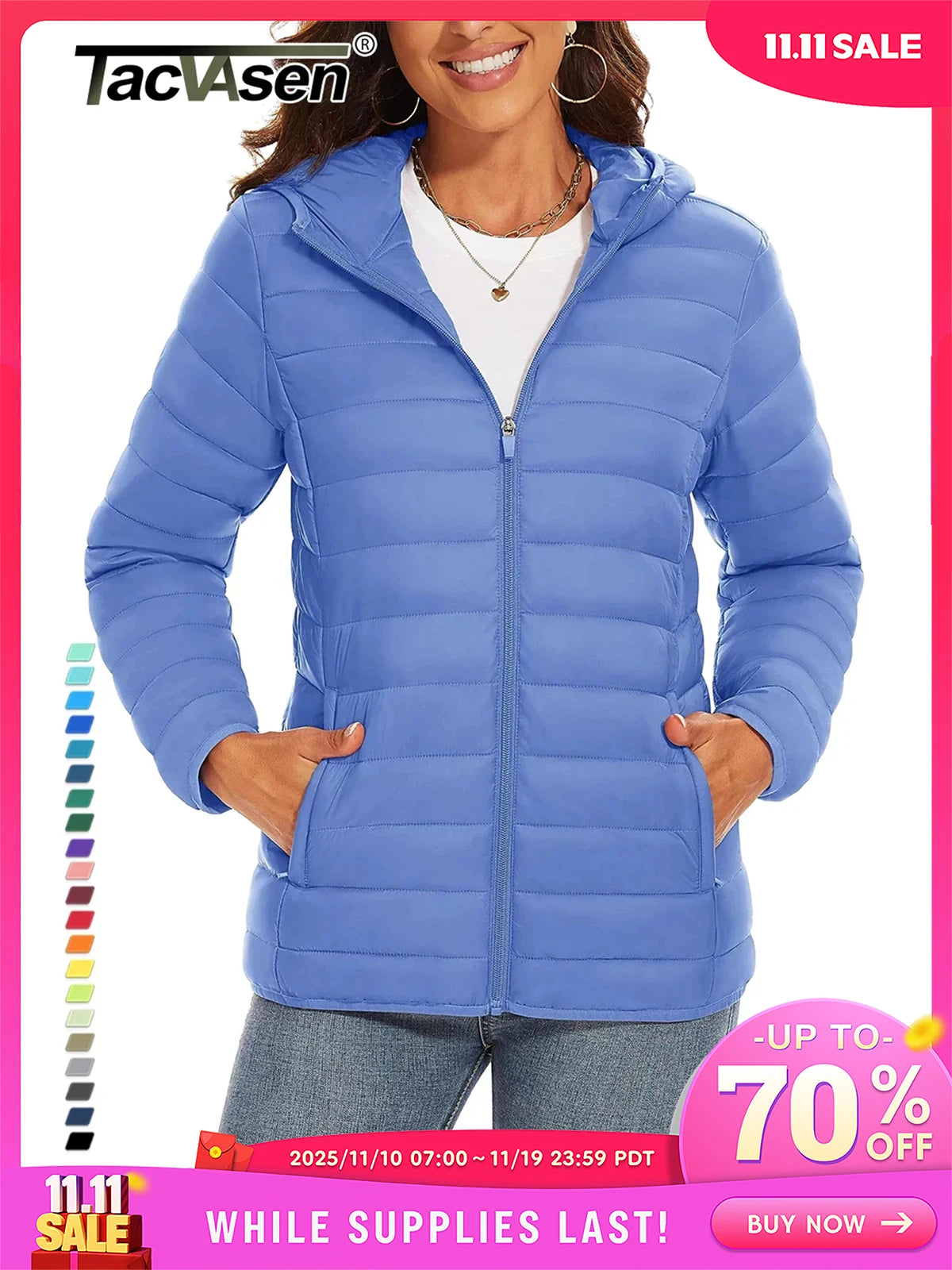 TACVASEN Full Zip Up Hooded Puffer Jacket Womens Winter Quilted Warm Coats Casual Windbreaker Padded Lightweight Outdoor Outwear