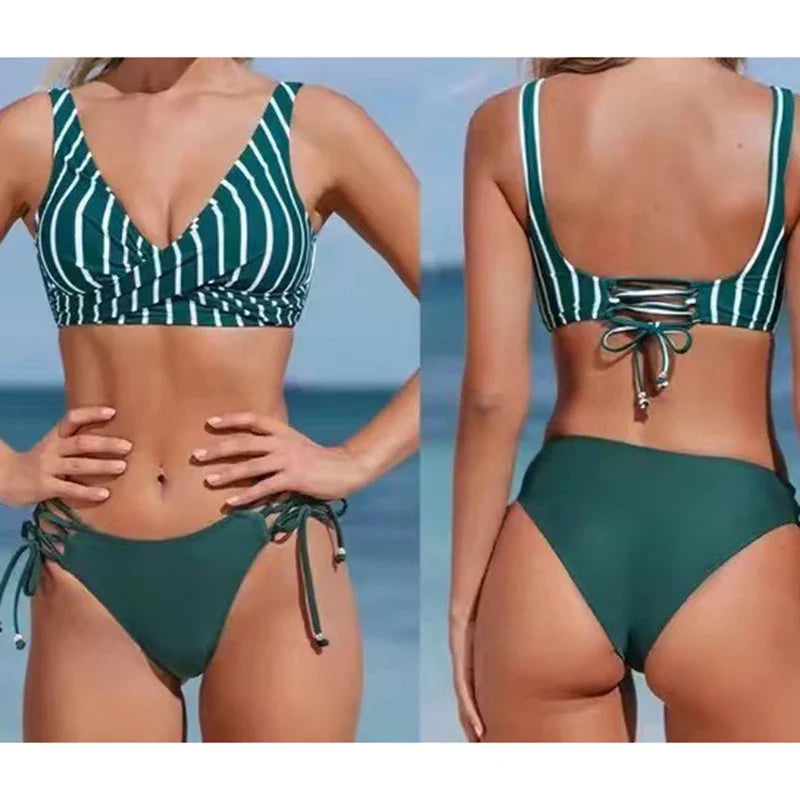 Vintage Printing Bikini Set Women Swimwear Cross Pleated Backless Lace Up Bikini Push Up 2025 New Beach Two Piece Bathing Suit