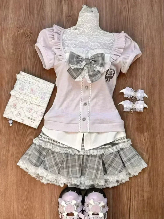 Japanese Sweet Preppy Style Skirt Set Women Kawaii Lace Patchwork Bow