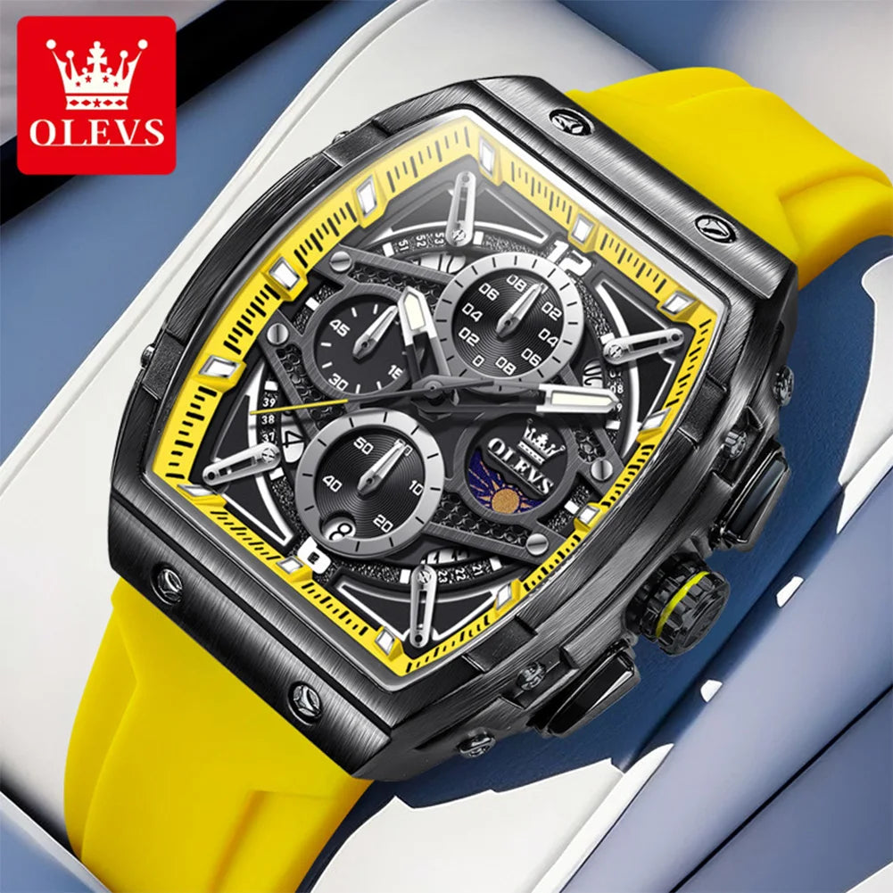 OLEVS 2975 Men's Watches Hollowed Quartz Wristwatch Silicone Strap Tonneau Large Dial Design Waterproof Luminous Watch for Men