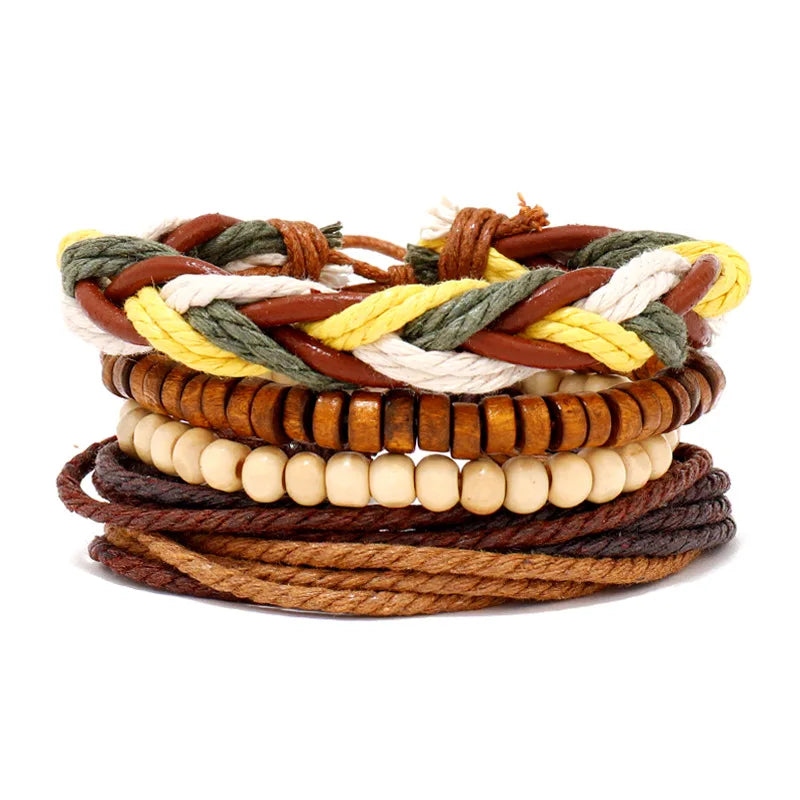 Bohemian Leather Bracelet Men Hand-woven Bracelet Men's Wooden Bead Bracelet Bracelet for Men Charm Bracelet Mens Jewellery