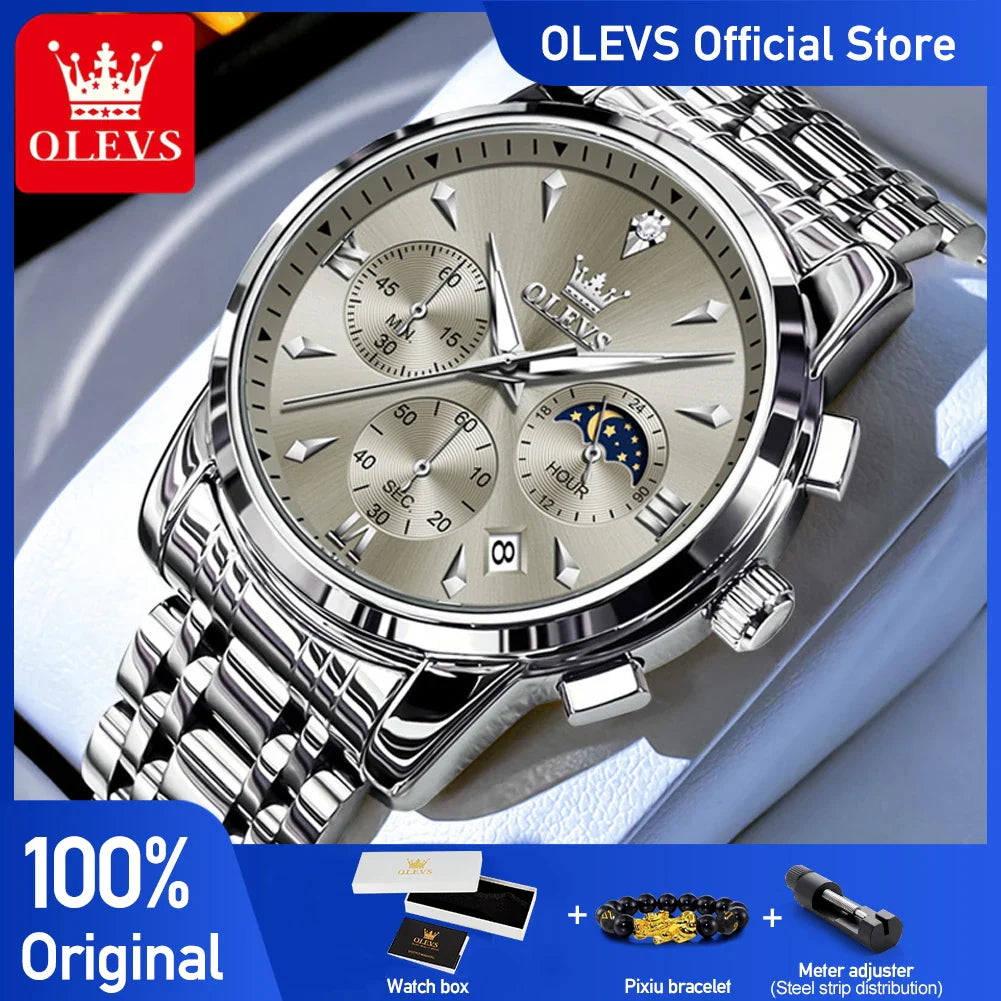 OLEVS 3639 Top Brand Original Quartz Watch Multifunctional Chronograph Watch For Men Waterproof Luminous Moon Phase Watch New
