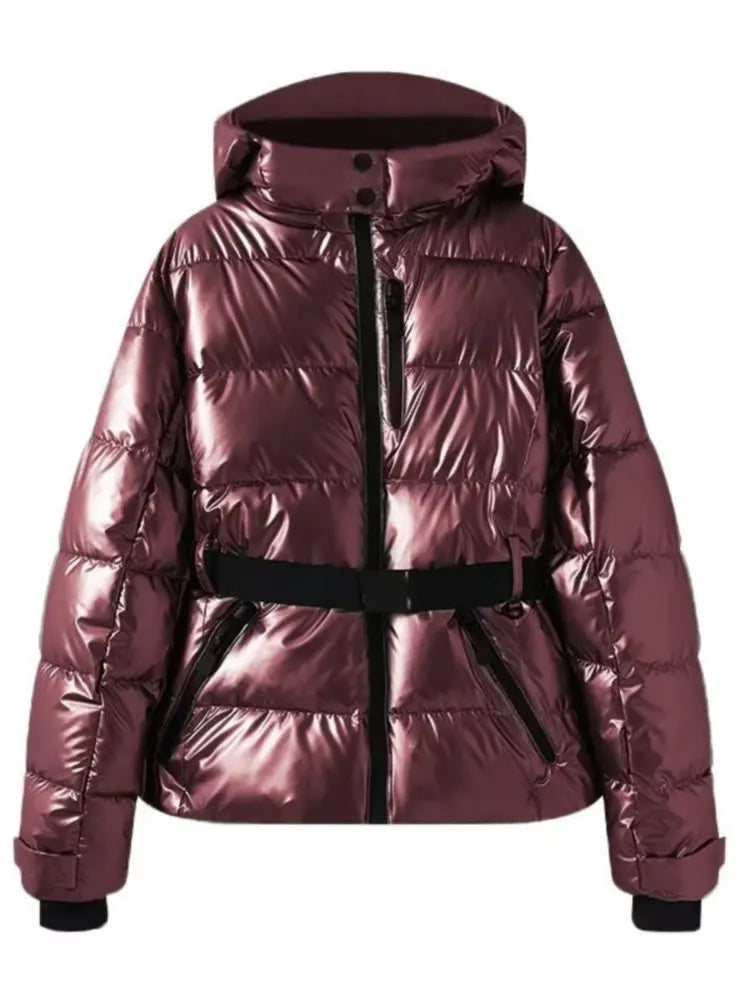 Women's Winter Hooded High Waist Padded Sport Parkas Coats with Belt Female Elegant Thick Warm Pockets Windproof Skiing Jackets