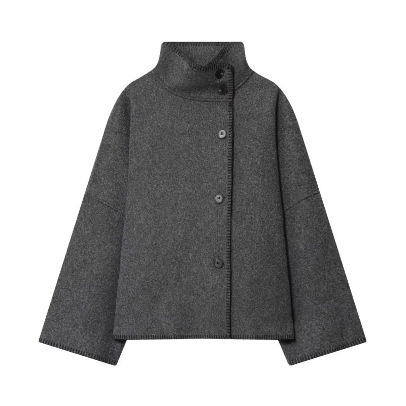 Women Wool Jacket with Wide Shoulder Autumn Vintage High Neck Long Sleeve Button Lady Coats Causal Female Chic Tops
