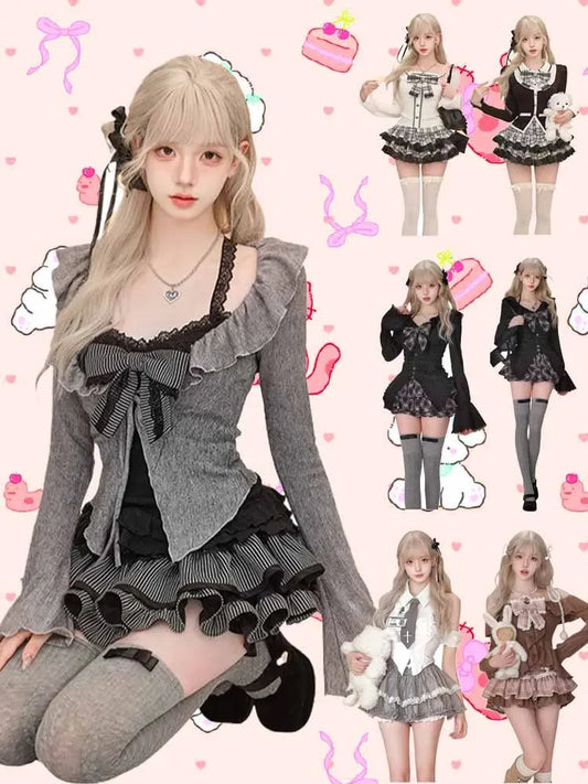 Vintage 3 Piece Skirt Suit Women Kawaii Ruffles Cardigan Outwear