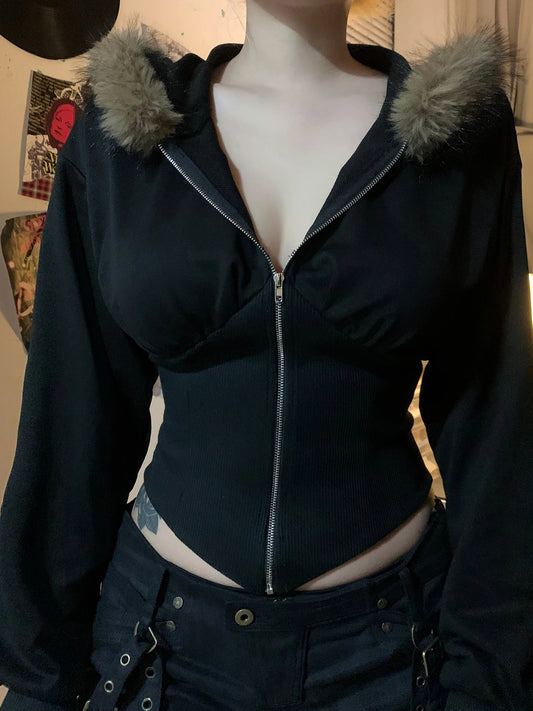 Cuteandpsycho Zip Up Fur Neck Hoodie Coats Fashion Slim Solid Y2K