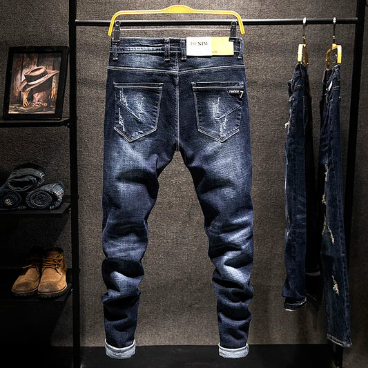 2024 New Ripped Jeans Men Slim-fit Denim Pants Cotton Korean Style
